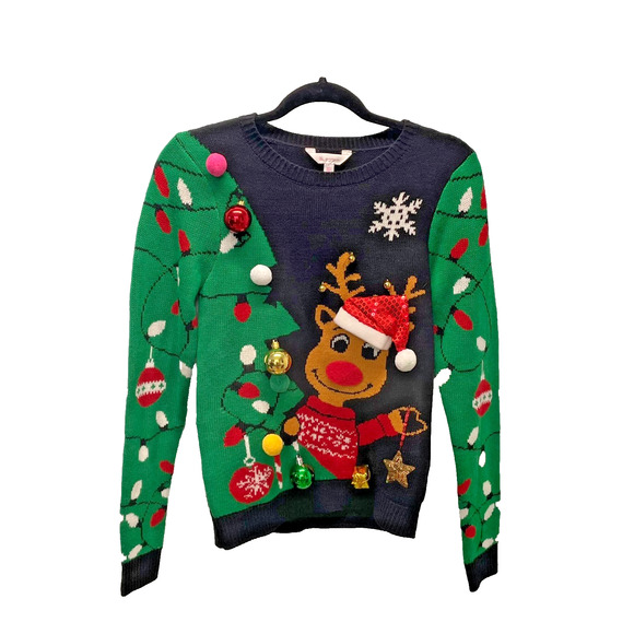 Ugly Christmas Sweater Rudolph Reindeer Jingle Bells No Boundaries S - Picture 1 of 6